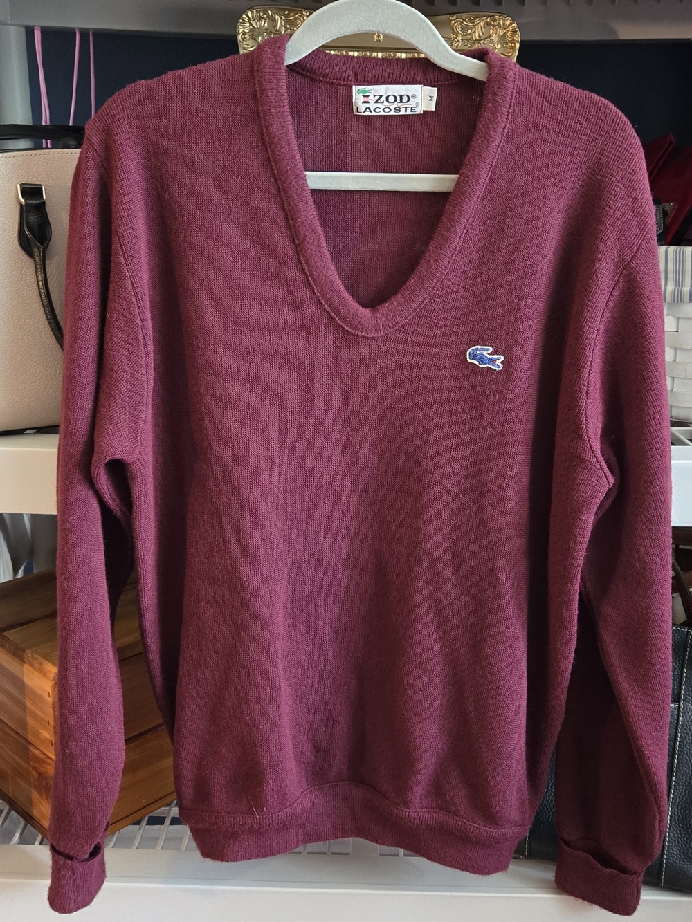 Vintage Lacoste Women’s V-Neck Sweater in Burgundy